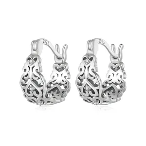 Vintage 925 Sterling Silver Filigree Heart Hoop Earrings For Women Retro Hollow Pattern Inlaid Zirconia Elegant Jewelry