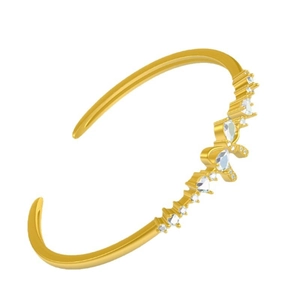 Elegant gold open bangle with zircon bowknot and flower design on white background