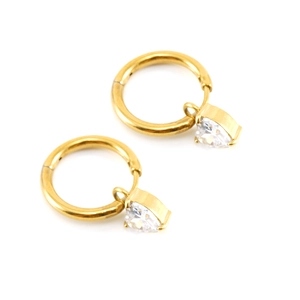 Vintage stainless steel gold hoop earrings with heart-shaped zircon pendant on white background