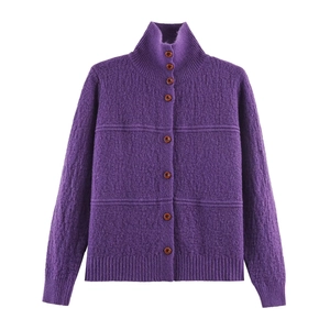 Women's purple textured knit cardigan with mock neck and classic button closure