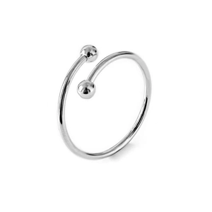 Minimalist adjustable stainless steel open ring with double beads on white background