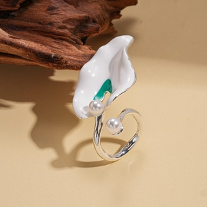 Artistic silver calla lily flower ring with white enamel petals and pearl accents