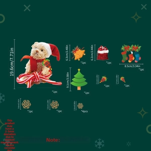 Detail showing various Christmas stickers including bears, bells, and trees with measurements