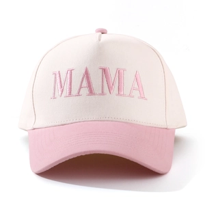 Cappellino da baseball ricamato MAMA con corpo crema e visiera rosa a contrasto
