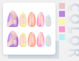 Detail of short almond press-on nails with colorful macaron color block textures