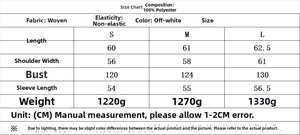 Detailed size guide and garment specifications for the off-white faux shearling jacket