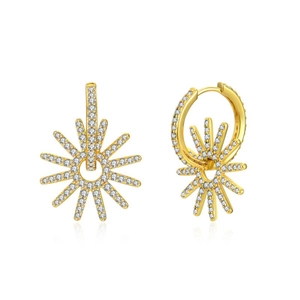 Macro shot of gold sunburst earrings with white zircon pavé and secure clasp