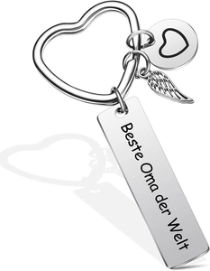 Silver stainless steel keychain with Beste Oma der Welt engraving and heart charms