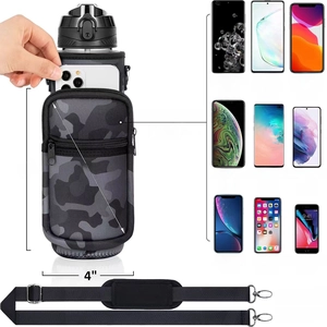 Camouflage SBR neoprene water bottle sleeve with adjustable strap and phone pocket