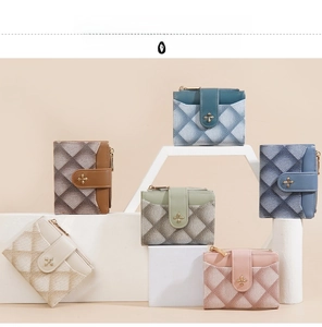 Detailed view of quilted small wallets in five colors with metal cross buckles