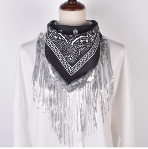Detail of black paisley bandana featuring sparkling silver sequin fringe for party wear