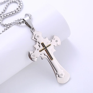 Collana vintage in acciaio inossidabile con ciondolo a croce a tre strati e diamanti