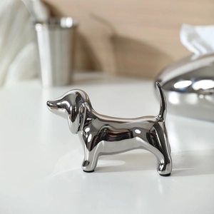 Modern silver electroplated dachshund statue in minimalist ceramic for home office decor