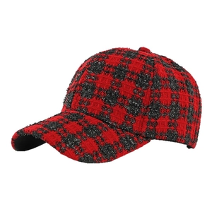 Classic red and black plaid tweed baseball cap for women with curved brim and vintage style