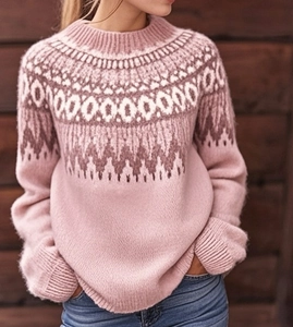 Detailed view of Fair Isle jacquard pattern on the pink crewneck knitted sweater for women