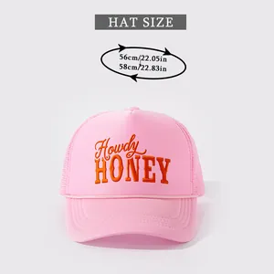 Detailed size chart for pink trucker hat with Honey embroidery and breathable mesh back