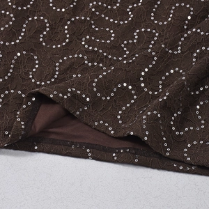 Detailed close-up of dark brown lace fabric with silver sequins and wavy textures