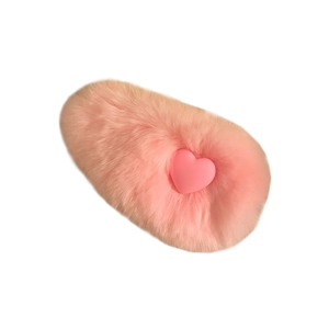 Pink faux rabbit fur hair clip with heart detail and soft plush oval design for women