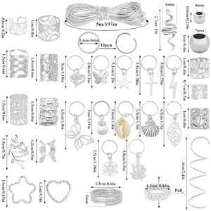 309pcs silver DIY dreadlock accessory set with metal rings, pendants, and 5m cord