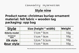 Detailed size chart for Christmas fabric doll pendants including weight and dimensions
