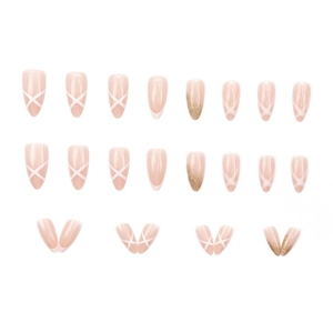 Französische Mandel-Drucknägel in Nudepink mit weißen Linien und goldenem Glitzer-Finish