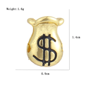 Detailed view of a gold-plated money bag pendant with dollar sign and dimensions