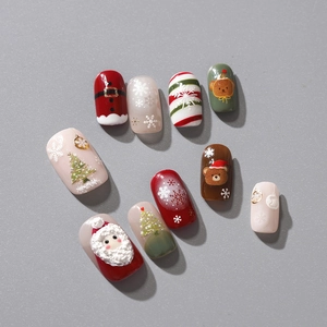 3D relief Christmas nail art set featuring Santa, trees and snowflakes in red and green