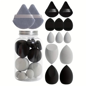 14-piece makeup sponge set in black white and grey with clear storage jar