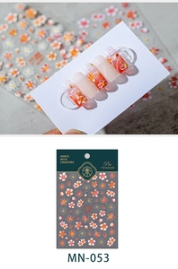 Detailed 3D floral nail art stickers in pink and orange tones with packaging and model view