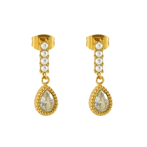 Water drop zircon earrings with pearls in gold-plated stainless steel on white background