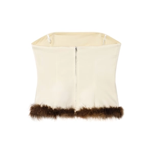 Top a fascia alla moda color crema con bordo in piume marroni e zip sulla schiena
