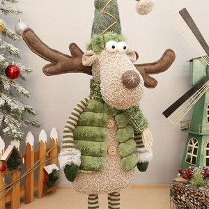 Standing green fabric reindeer Christmas plush with telescopic legs and knit details