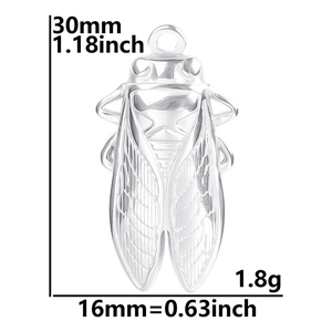 Detailed macro view showing the 30mm height and 16mm width of the silver cicada pendant
