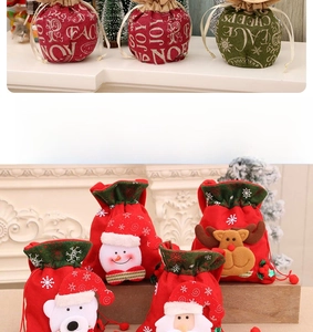 Detailed view of Christmas drawstring gift bags with plush Santa and Reindeer designs