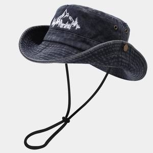 Outdoor hiking sun hat in washed navy denim with mountain embroidery and chin strap