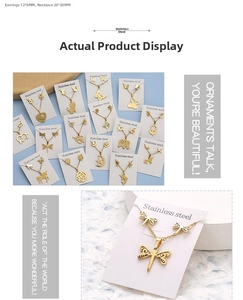Detail of stainless steel butterfly necklace and earrings set in polished gold finish