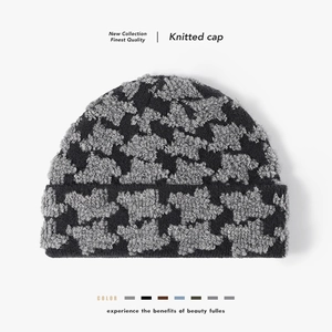 Women Knitted Beanie Hat Faux Rabbit Fur Houndstooth Jacquard Thickened Winter Warm Cuffed Minimalist Skull Cap