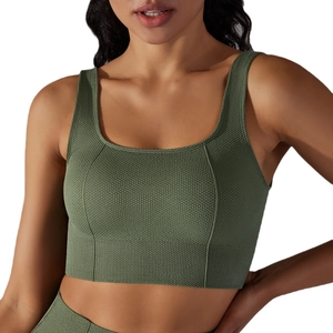 Brassière de sport vert olive en maille nid d'abeille sans couture avec larges bretelles