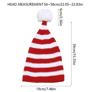 Size specifications for striped Christmas knit hat with pom-pom and dimensions