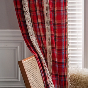 Red Scottish plaid curtain with delicate white lace trim and tassels for home decor