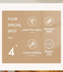 Detail of lead-free glass bowl with wooden base and artisanal polished finish
