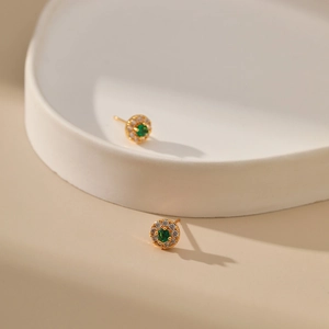 Elegant 18K gold plated emerald green zircon stud earrings with white micro-pave stones