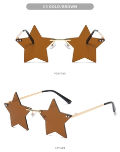 Detail of gold star-shaped rimless sunglasses with brown lenses from front and side view