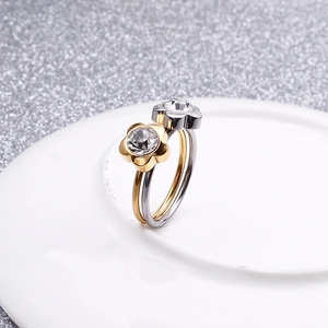 Elegant flower shaped titanium steel rings with zircon stones in gold and silver finish