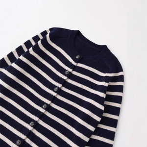 Classic navy striped knit cardigan with round neck and buttons for women