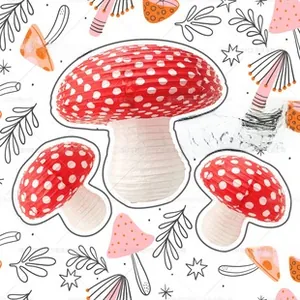 Three-piece set of mushroom shaped red and white polka dot hanging paper lanterns