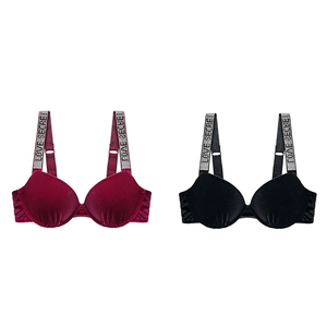 Velvet push-up bra in black and wine red with rhinestone LOVE SECRET straps