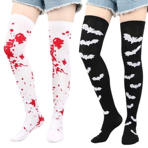 Halloween thigh-high socks with blood splatter and bat patterns for cosplay costumes
