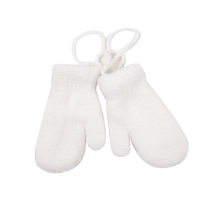 Close-up of white plush winter mittens with a convenient neck string for kids
