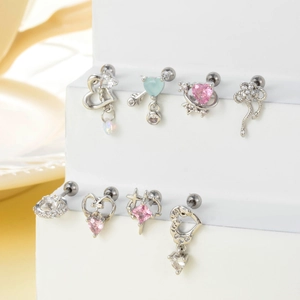 Set of silver heart and crown cartilage earrings with sparkling colorful zircon stones